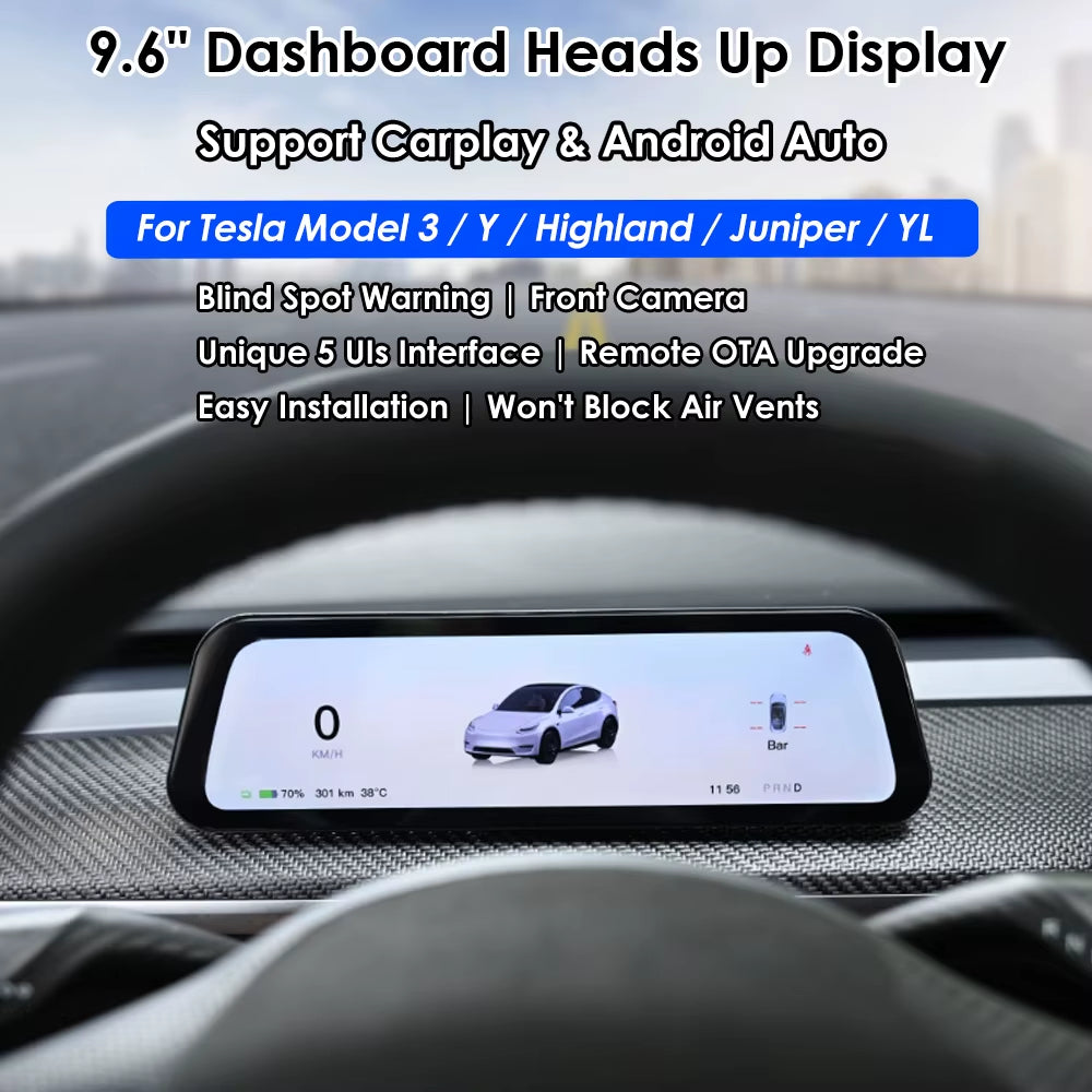 Dashboard Heads up Display 9.6 Inch Support Carplay Android Auto Screen Display LHD RHD for Tesla Model 3 Y 2016-2026