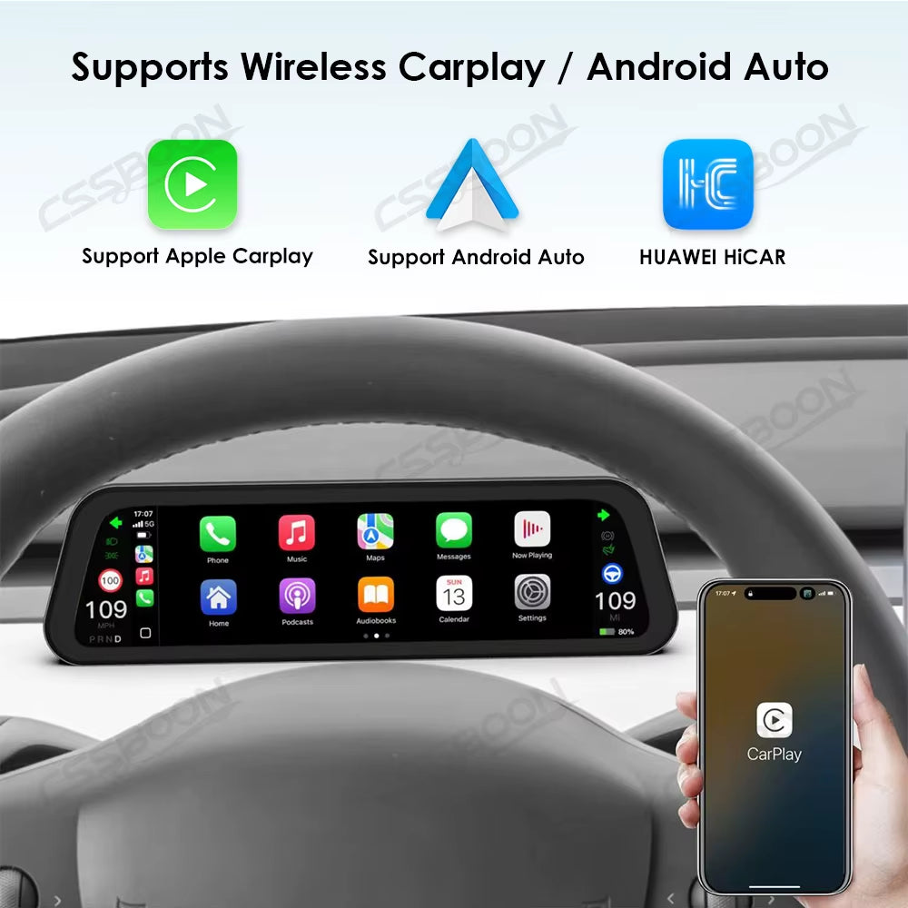 Dashboard Heads up Display 9.6 Inch Support Carplay Android Auto Screen Display LHD RHD for Tesla Model 3 Y 2016-2026